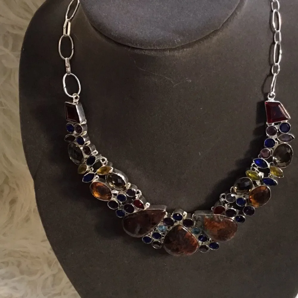 NATURAL MOSS AGATE & GEMSTONE NECKLACE IN SILVER